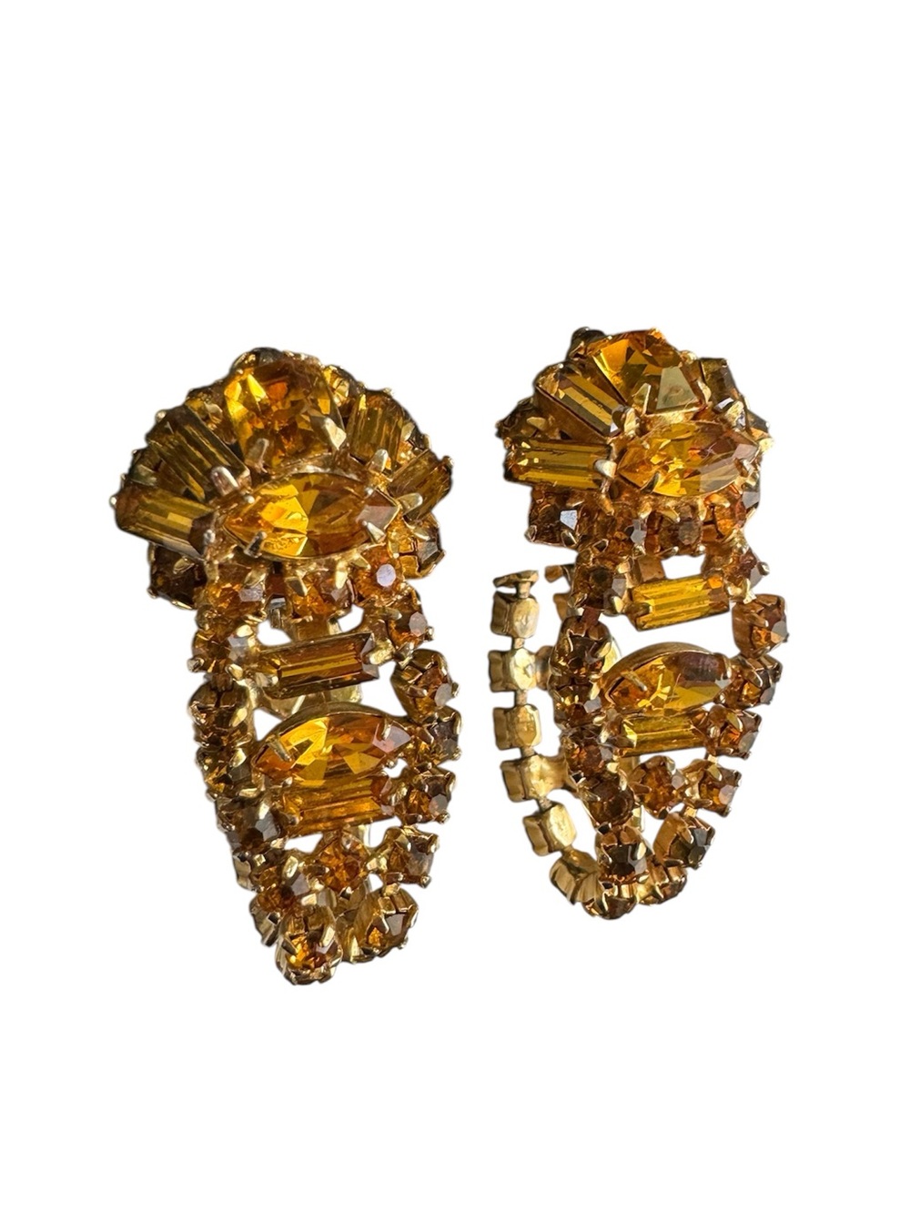 Vintage Amber‎ Rhinestone Earrings Clip On Huggie Drop Cocktail Statement